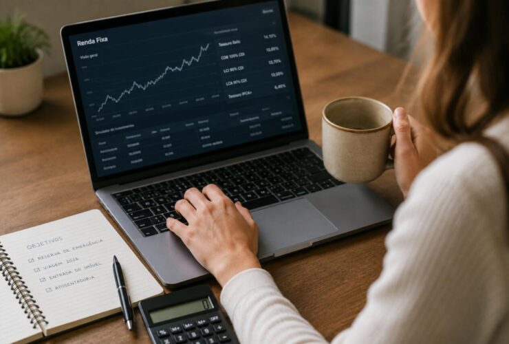 Mulher pesquisando melhores investimentos de renda fixa.