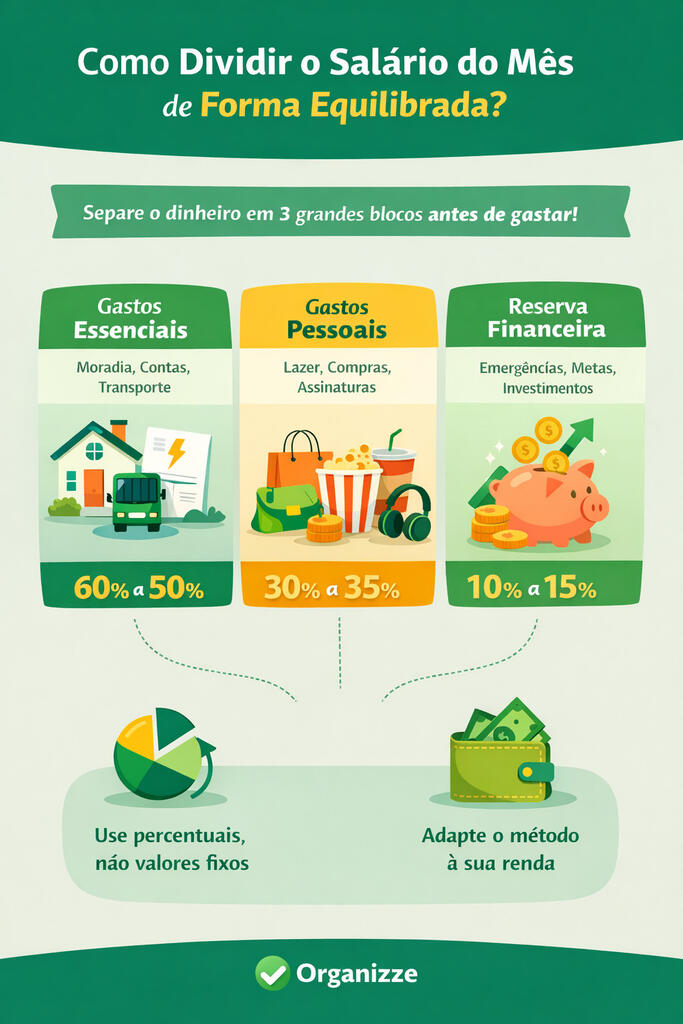 Infográfico explicativo sobre como dividir o salário do mês.