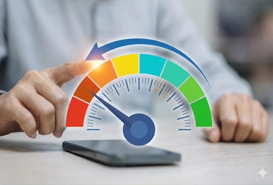 Pessoa utilizando celular com medidor diminuindo, indicando método para fazer o score baixar.