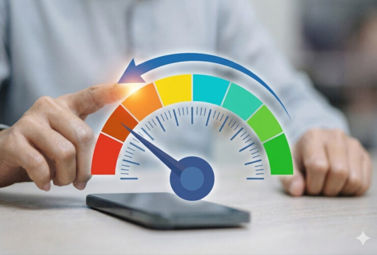 O que faz o Score baixar? 5 motivos que derrubam sua pontuação 6 Pessoa utilizando celular com medidor diminuindo, indicando método para fazer o score baixar.