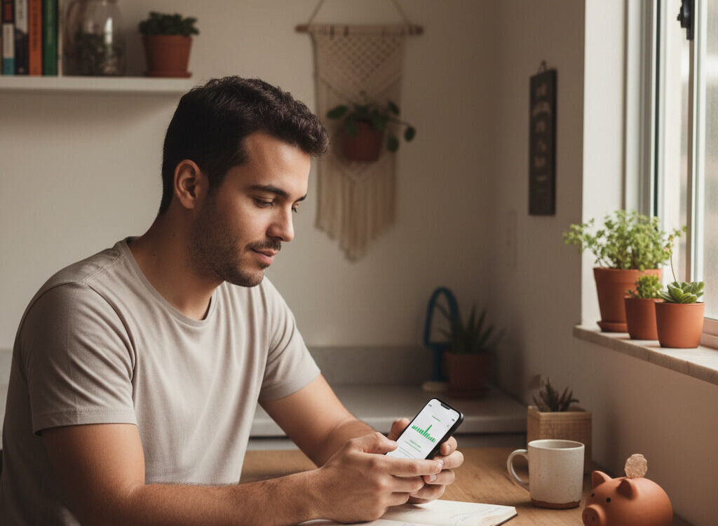 Homem analisando gráfico de investimentos no celular em casa, representando onde começar a investir com pouco dinheiro de forma prática e segura.
