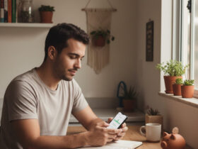 Homem analisando gráfico de investimentos no celular em casa, representando onde começar a investir com pouco dinheiro de forma prática e segura.