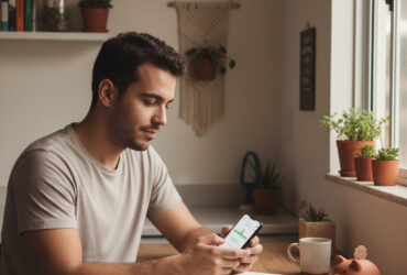 Homem analisando gráfico de investimentos no celular em casa, representando onde começar a investir com pouco dinheiro de forma prática e segura.