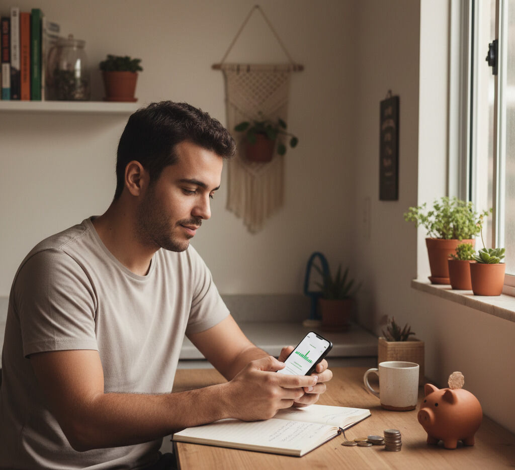 Guia: onde começar a investir com pouco dinheiro? Dicas práticas! 1 Homem analisando gráfico de investimentos no celular em casa, representando onde começar a investir com pouco dinheiro de forma prática e segura.