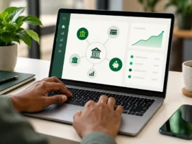 Open Banking: como funciona e qual a relação com seus investimentos? 6 Pessoa digitando em notebook com painel de open banking que conecta bancos, cartão e investimentos.