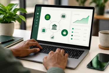 Pessoa digitando em notebook com painel de open banking que conecta bancos, cartão e investimentos.