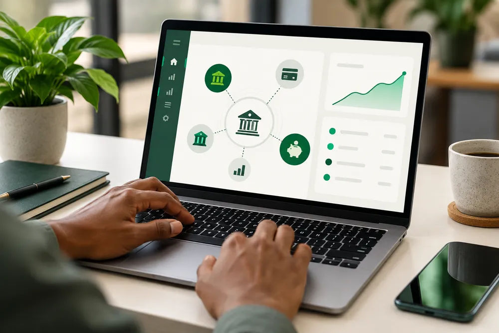 Pessoa digitando em notebook com painel de open banking que conecta bancos, cartão e investimentos.