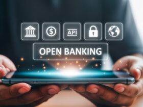 Pessoa segurando um smartphone com ícones de Open Banking