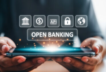 Pessoa segurando um smartphone com ícones de Open Banking