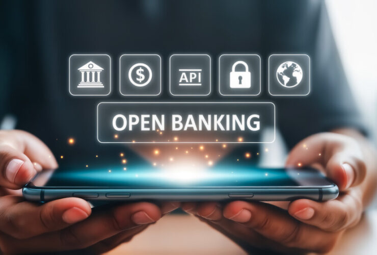 Por que o meu banco não está na lista de conexões? O que o Open Finance tem a ver com isso 12 Pessoa segurando um smartphone com ícones de Open Banking