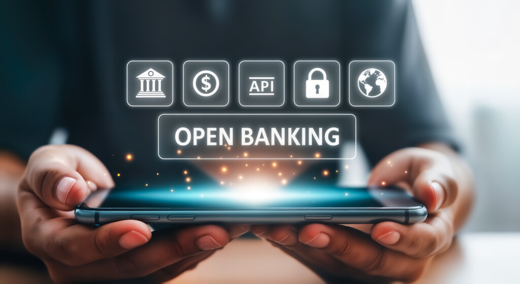 Pessoa segurando um smartphone com ícones de Open Banking