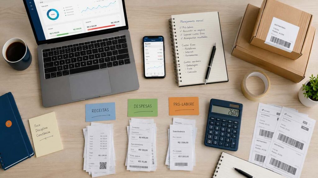 Vendas online para iniciantes: guia para dar os primeiros passos 1 Mesa organizada com notebook, calculadora, documentos e embalagens usados na gestão financeira de vendas online.
