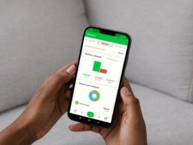 Uma pessoa segura um smartphone exibindo a interface do aplicativo de finanças Organizze. A tela mostra um gráfico de barras comparando receitas e despesas, além de um gráfico de pizza detalhando gastos por categorias. O saldo total e os valores de entrada e saída estão destacados, reforçando que a ferramenta serve exclusivamente para controle financeiro pessoal, já que o Organizze não faz empréstimo ou operações bancárias diretas.