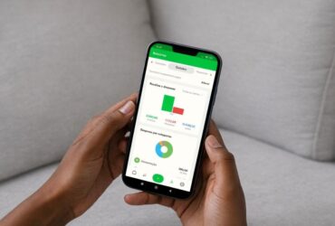 Uma pessoa segura um smartphone exibindo a interface do aplicativo de finanças Organizze. A tela mostra um gráfico de barras comparando receitas e despesas, além de um gráfico de pizza detalhando gastos por categorias. O saldo total e os valores de entrada e saída estão destacados, reforçando que a ferramenta serve exclusivamente para controle financeiro pessoal, já que o Organizze não faz empréstimo ou operações bancárias diretas.