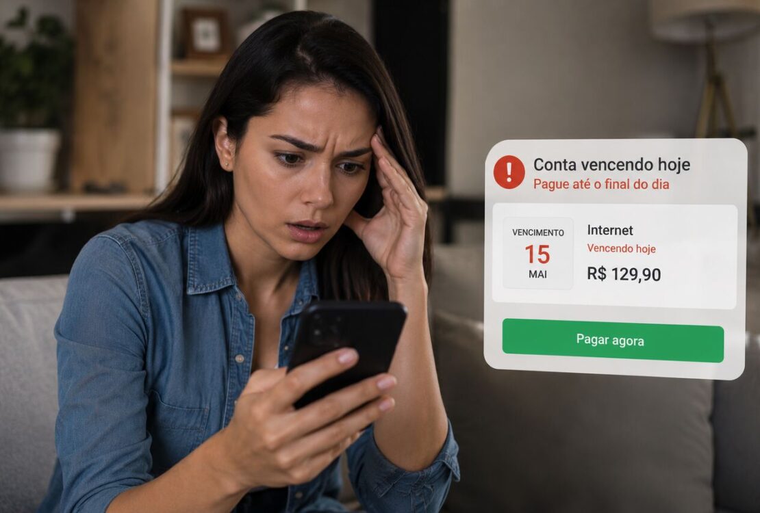 Pessoa olhando para o celular com expressão de preocupação ao notar pagamentos recorrentes vencendo