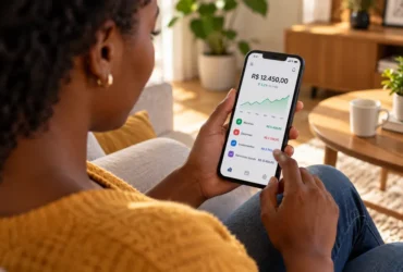 Mulher acompanha o patrimônio líquido e outras finanças pessoais pelo celular.
