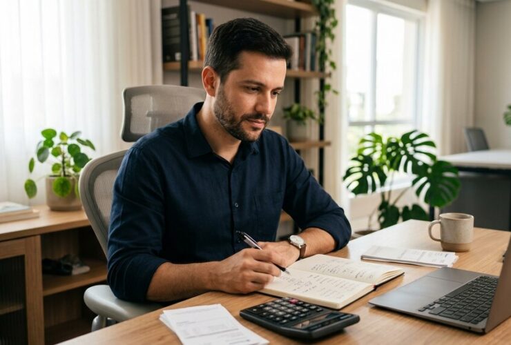 Homem montando planejamento financeiro empresarial.