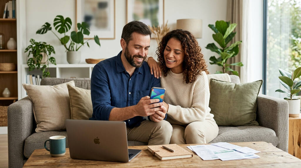 Tabela para organizar as contas do mês: como criar e manter suas finanças em dia 3 Casal sorridente realizando planejamento financeiro mensal.