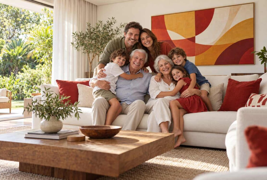 Família sorridente em sofá, representando planejamento sucessório bem executado.