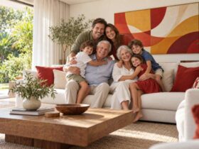 Planejamento sucessório: o que é e como organizar seu patrimônio 3 Família sorridente em sofá, representando planejamento sucessório bem executado.