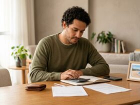 Homem em casa, fazendo plano financeiro.