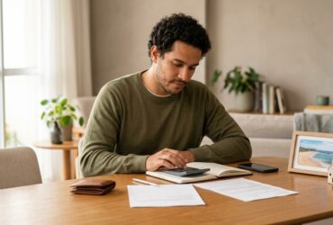 Homem em casa, fazendo plano financeiro.