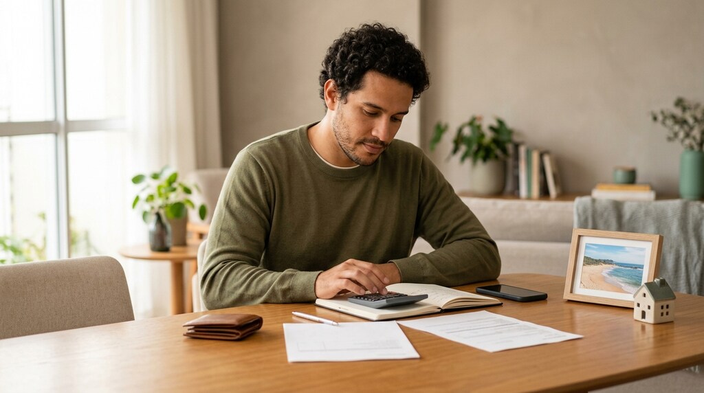 Homem em casa, fazendo plano financeiro.
