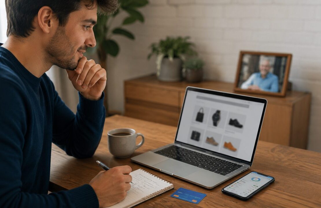 Pessoa pesquisando presente para o Dia dos Pais enquanto organiza o orçamento e compara opções de compra no computador e celular.