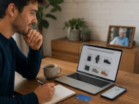 Pessoa pesquisando presente para o Dia dos Pais enquanto organiza o orçamento e compara opções de compra no computador e celular.