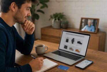 Pessoa pesquisando presente para o Dia dos Pais enquanto organiza o orçamento e compara opções de compra no computador e celular.