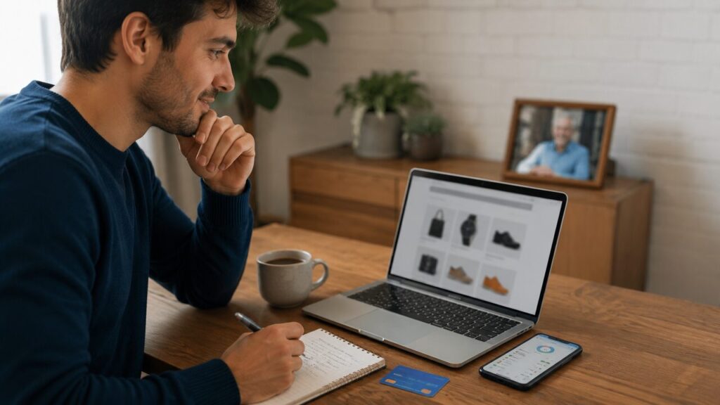 Presente dia dos pais: ideias para todo orçamento e como planejar sem culpa 1 Pessoa pesquisando presente para o Dia dos Pais enquanto organiza o orçamento e compara opções de compra no computador e celular.