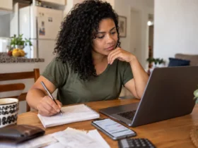 Mulher organizando contas no notebook para fazer uma projeção financeira do orçamento pessoal.