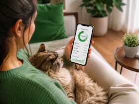 Quanto custa ter um gato? Gastos reais antes de adotar 6 Pessoa segurando um gato no colo enquanto usa o celular para controlar os gastos mensais com o pet