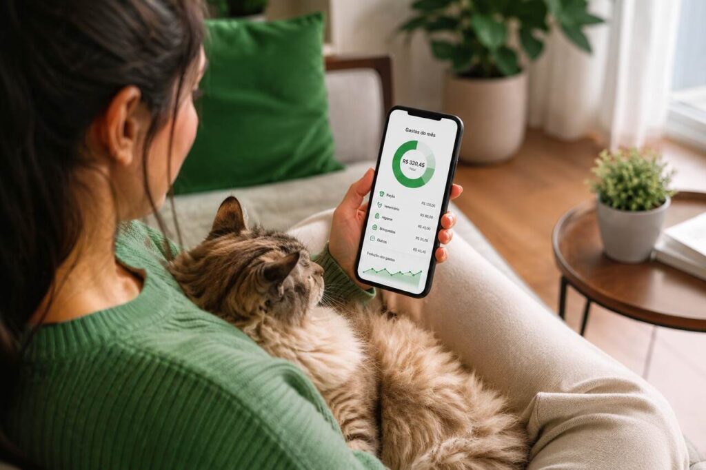 Quanto custa ter um gato? Gastos reais antes de adotar 1 Pessoa segurando um gato no colo enquanto usa o celular para controlar os gastos mensais com o pet
