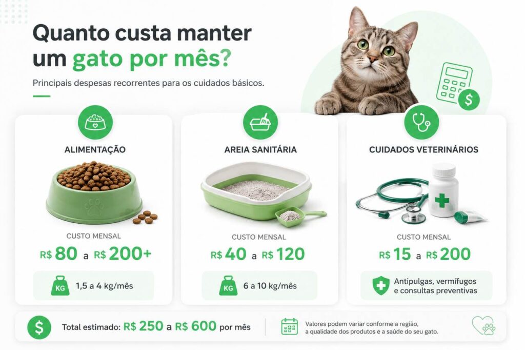 Quanto custa ter um gato? Gastos reais antes de adotar 2 Infográfico com os principais gastos mensais para ter um gato: alimentação, areia sanitária e veterinário