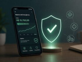 Um smartphone posicionado sobre uma mesa de madeira exibe um aplicativo financeiro com o título reserva de emergência e um saldo de R$ 15.750,00 que rende 100% do CDI. Ao lado do aparelho, surge uma projeção holográfica de um escudo verde com um símbolo de verificação, conectado por linhas a ícones que representam situações de imprevistos como saúde, reparos mecânicos e emergências relacionadas ao clima. Na base da tela, os pilares de segurança, liquidez e tranquilidade reforçam o propósito do investimento.