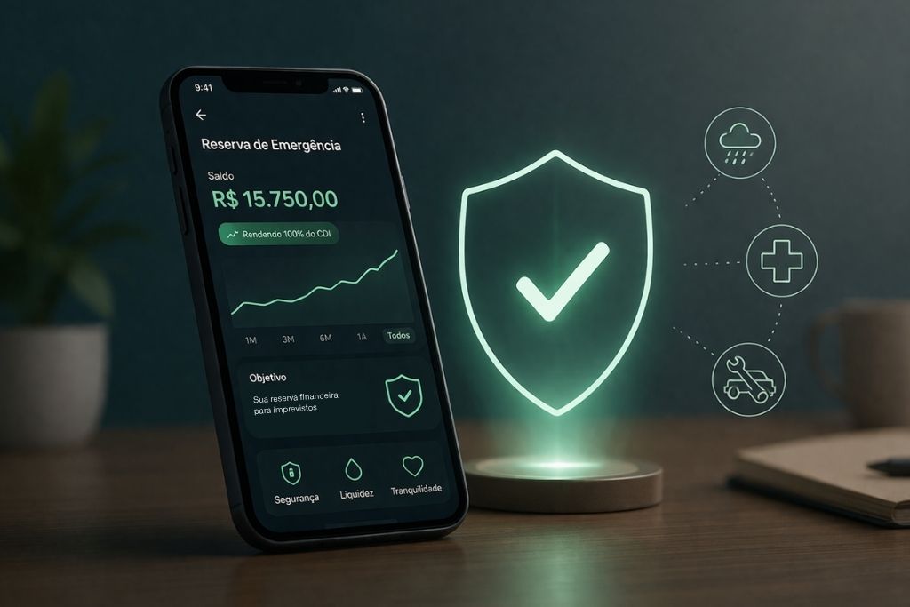 Um smartphone posicionado sobre uma mesa de madeira exibe um aplicativo financeiro com o título reserva de emergência e um saldo de R$ 15.750,00 que rende 100% do CDI. Ao lado do aparelho, surge uma projeção holográfica de um escudo verde com um símbolo de verificação, conectado por linhas a ícones que representam situações de imprevistos como saúde, reparos mecânicos e emergências relacionadas ao clima. Na base da tela, os pilares de segurança, liquidez e tranquilidade reforçam o propósito do investimento.