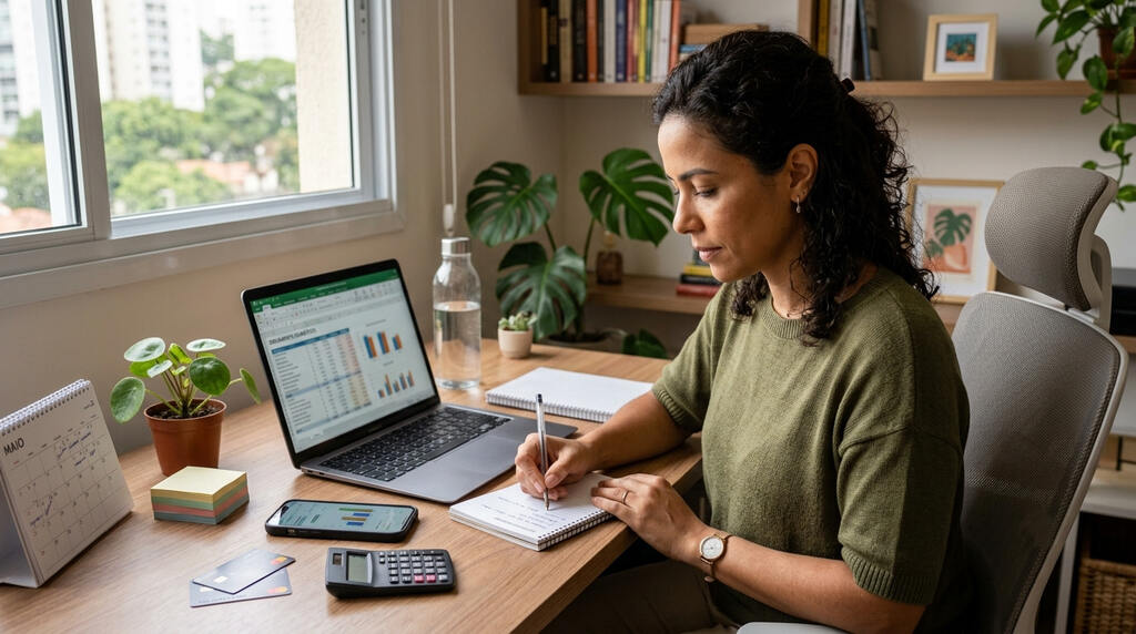 Rotinas financeiras: como organizar seu dinheiro com pequenas ações diárias 1 Mulher organizando as rotinas financeiras do lar.