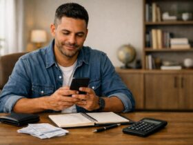 Homem contente ao conferir salário líquido pelo celular.