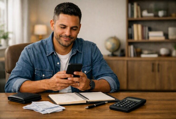 Homem contente ao conferir salário líquido pelo celular.