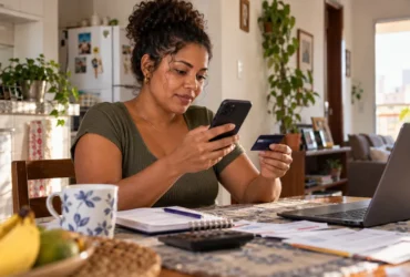 Mulher acompanha o saldo projetado enquanto organiza as contas de casa