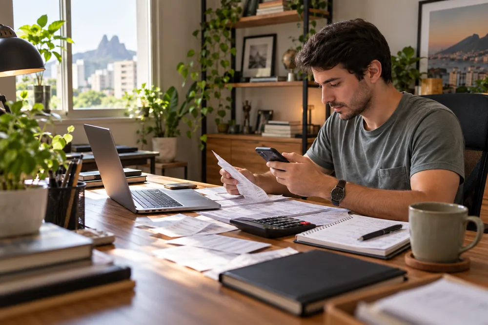 Homem confere contas no celular e documentos para acompanhar o saldo projetado no home office.