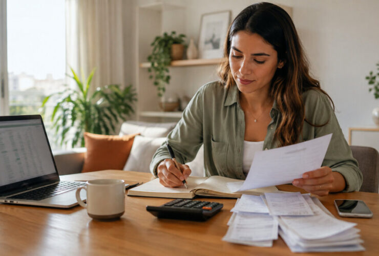 Mulher utilizando tabela para organizar contas do mês.