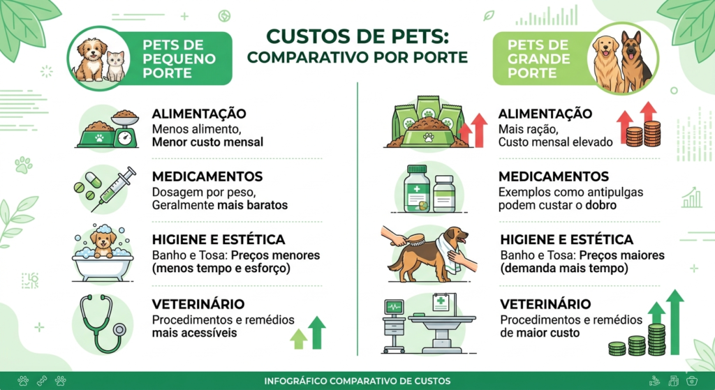Infográfico comparando tamanho de pets e custos.