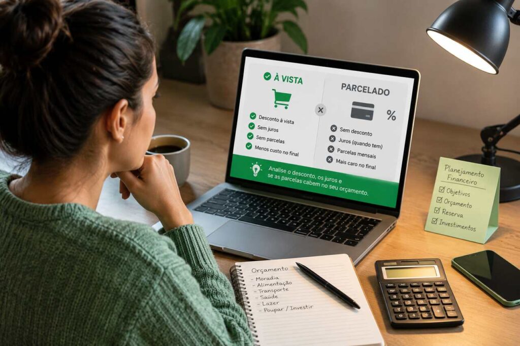 Comprar ou não comprar? Um guia para decidir sem culpa e sem dívida 2 Pessoa analisando uma compra online no notebook enquanto compara pagamento à vista e parcelado, avaliando o impacto no orçamento antes de finalizar a compra.